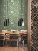 Bird & Blossom Chinoserie Green Wallpaper with Chinoiserie Botanical Birds Pattern  York KT2175