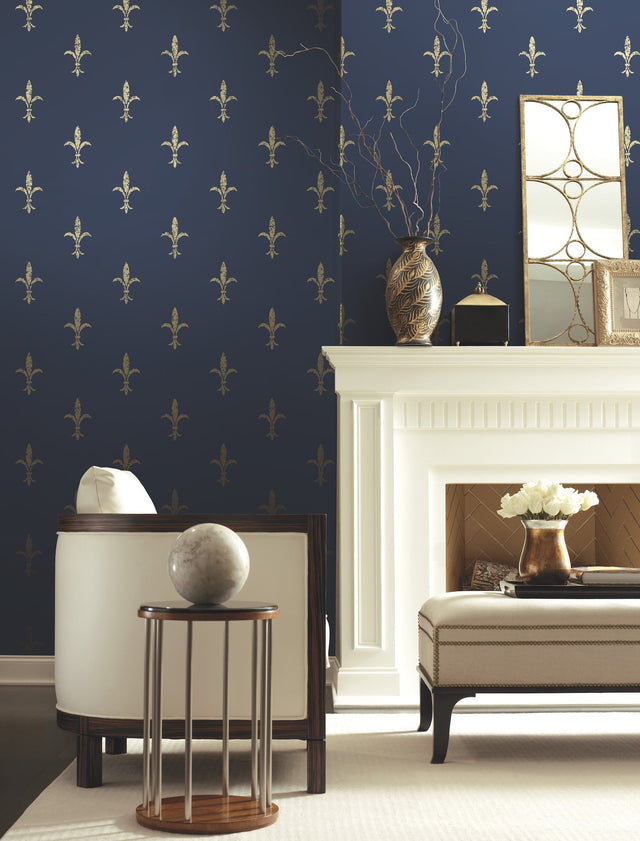 Fleur De Lis Navy & Gold Wallpaper