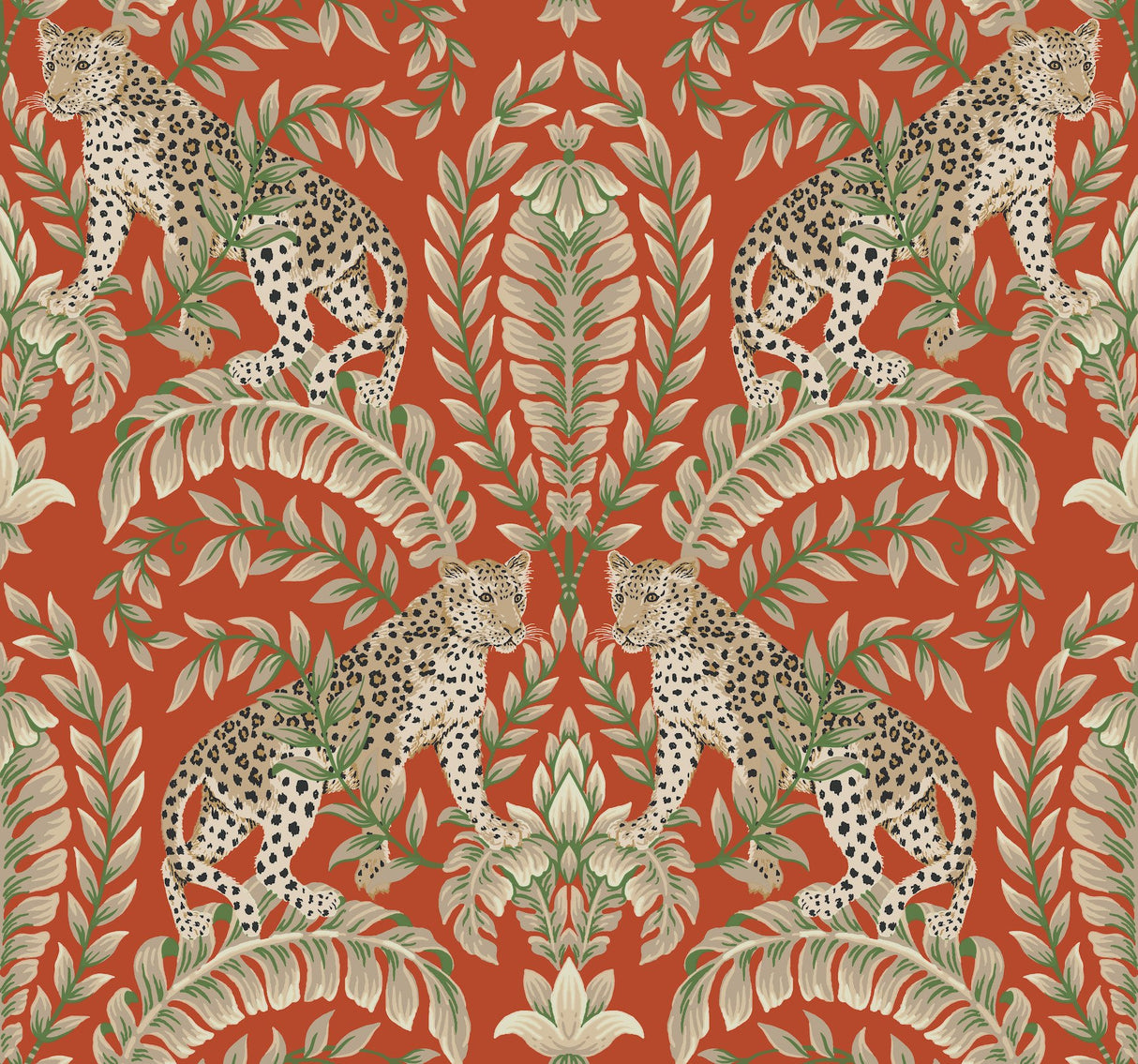 Jungle Leopard Orange Wallpaper with Exotic Leopards and Acanthus Damask - York KT2201