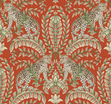 Jungle Leopard Orange Wallpaper with Exotic Leopards and Acanthus Damask - York KT2201