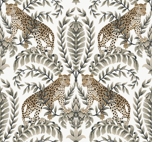 Jungle Leopard White & Black Wallpaper with Acanthus Damask Animal Motif - York KT2202