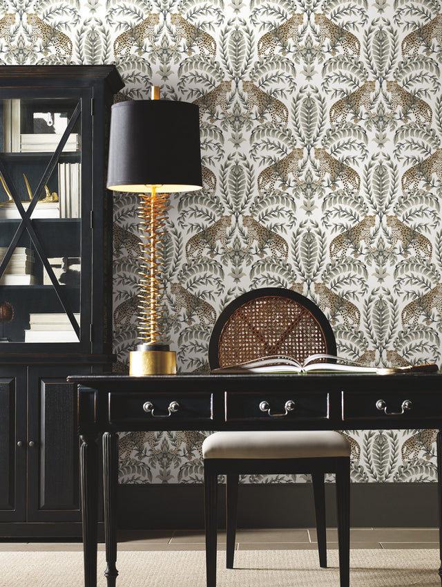 Jungle Leopard White & Black Wallpaper with Acanthus Damask Animal Motif - York KT2202