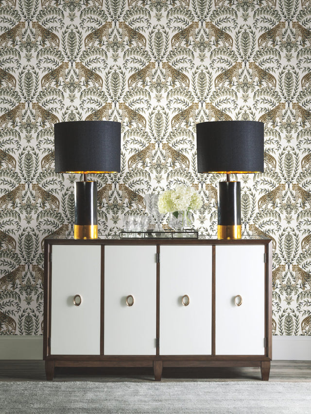 Jungle Leopard White & Black Wallpaper with Acanthus Damask Animal Motif - York KT2202