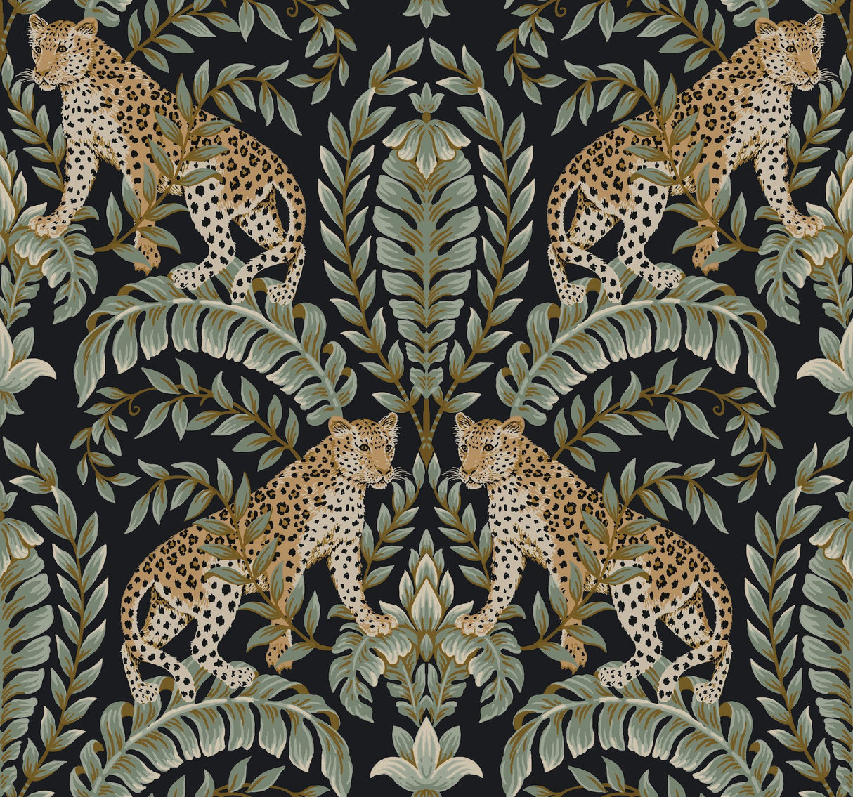 Jungle Leopard Black & Green Wallpaper with Acanthus Leaf Damask Motif - York KT2205