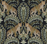 Jungle Leopard Black & Green Wallpaper with Acanthus Leaf Damask Motif - York KT2205
