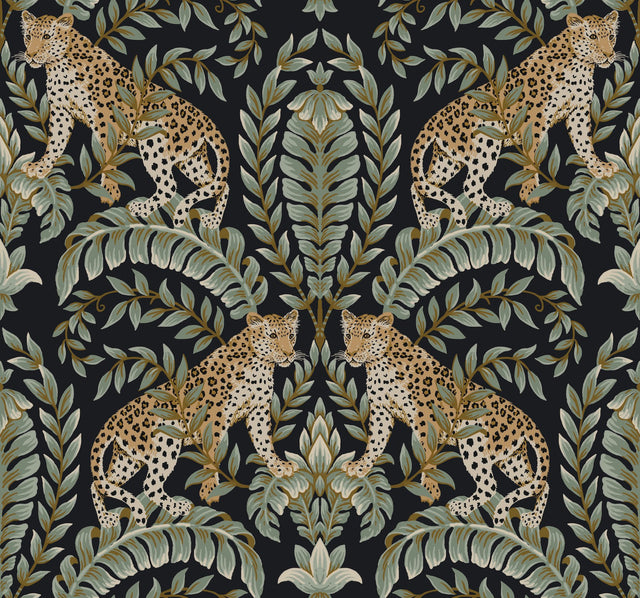 Jungle Leopard Black & Green Wallpaper with Acanthus Leaf Damask Motif - York KT2205