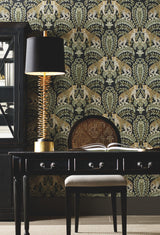 Jungle Leopard Black & Green Wallpaper with Acanthus Leaf Damask Motif - York KT2205