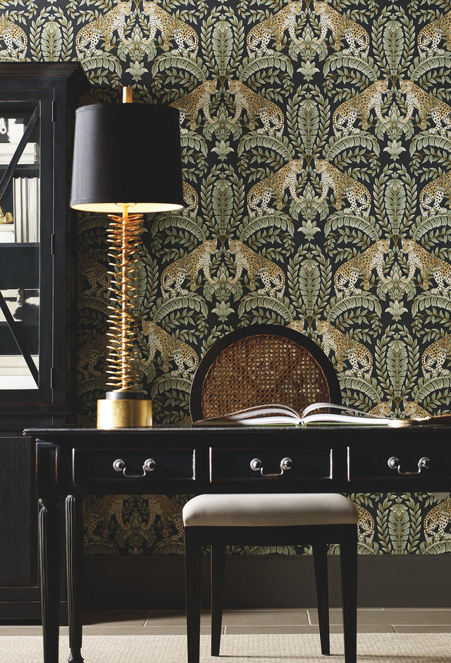 Jungle Leopard Black & Green Wallpaper with Acanthus Leaf Damask Motif - York KT2205
