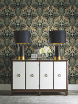 Jungle Leopard Black & Green Wallpaper with Acanthus Leaf Damask Motif - York KT2205