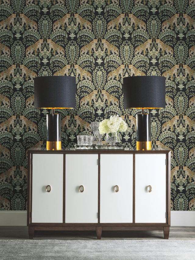 Jungle Leopard Black & Green Wallpaper with Acanthus Leaf Damask Motif - York KT2205