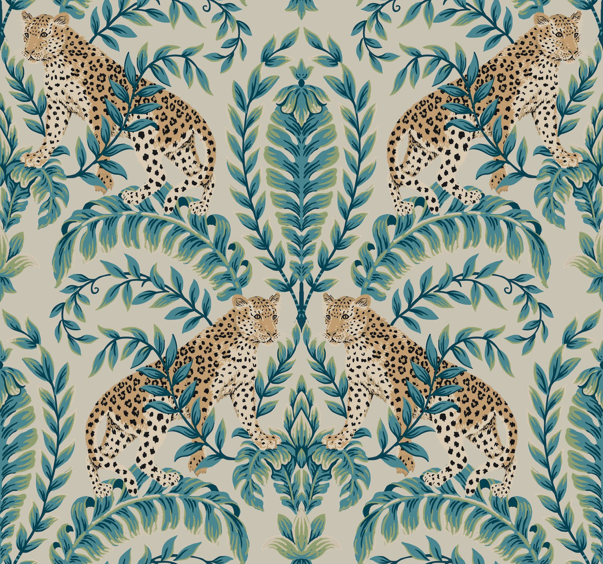 Jungle Leopard Taupe Wallpaper with Traditional Acanthus Leaf Motif - York KT2206