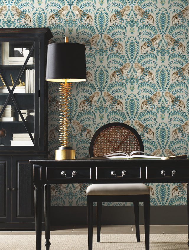 Jungle Leopard Taupe Wallpaper with Traditional Acanthus Leaf Motif - York KT2206