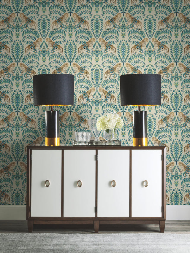 Jungle Leopard Taupe Wallpaper with Traditional Acanthus Leaf Motif - York KT2206