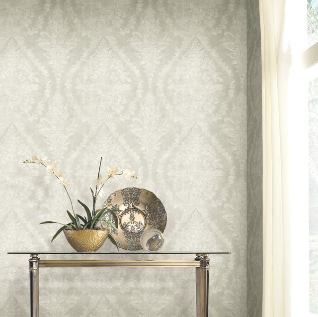 Charleston Damask Cream Wallpaper with Classic Acanthus Damask Motif - York KT2214