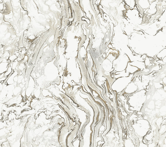 Polished Marble Black & White Wallpaper with Modern Marble Swirl Motif - York KT2221