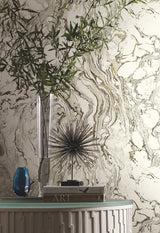 Polished Marble Black & White Wallpaper with Modern Marble Swirl Motif - York KT2221