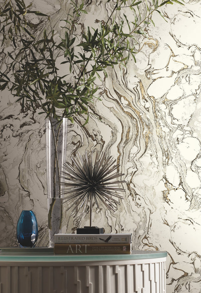 Polished Marble Black & White Wallpaper with Modern Marble Swirl Motif - York KT2221