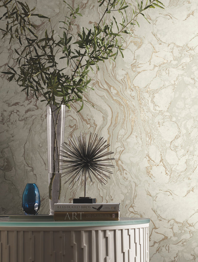 Polished Marble White & Gold Wallpaper with Modern & Transitional Marbled Pattern - York KT2223