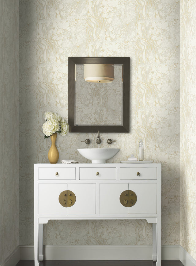 Polished Marble White & Gold Wallpaper with Modern & Transitional Marbled Pattern - York KT2223