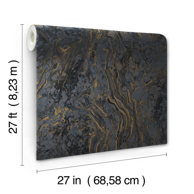 Polished Marble Black Wallpaper with Modern Marble Veining - York KT2224