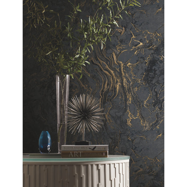 Polished Marble Black Wallpaper with Modern Marble Veining - York KT2224