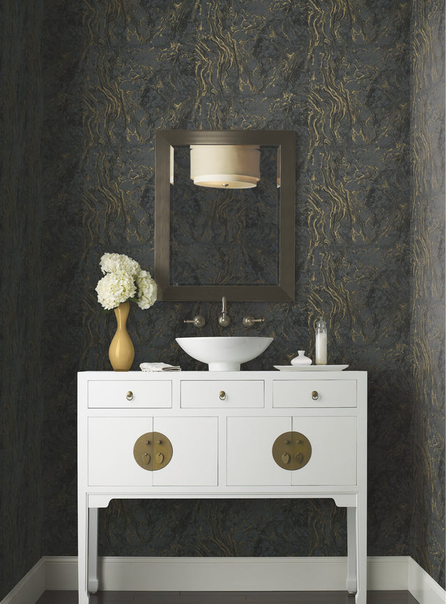Polished Marble Black Wallpaper with Modern Marble Veining - York KT2224