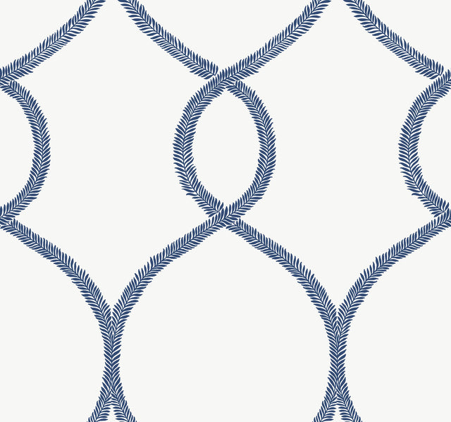 Laurel Leaf Ogee Navy Wallpaper with Trellis & Lattice Laurel Vine Motif - York KT2232
