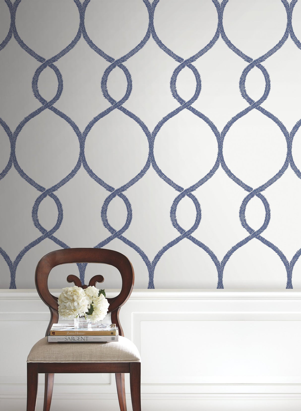 Laurel Leaf Ogee Navy Wallpaper with Trellis & Lattice Laurel Vine Motif - York KT2232