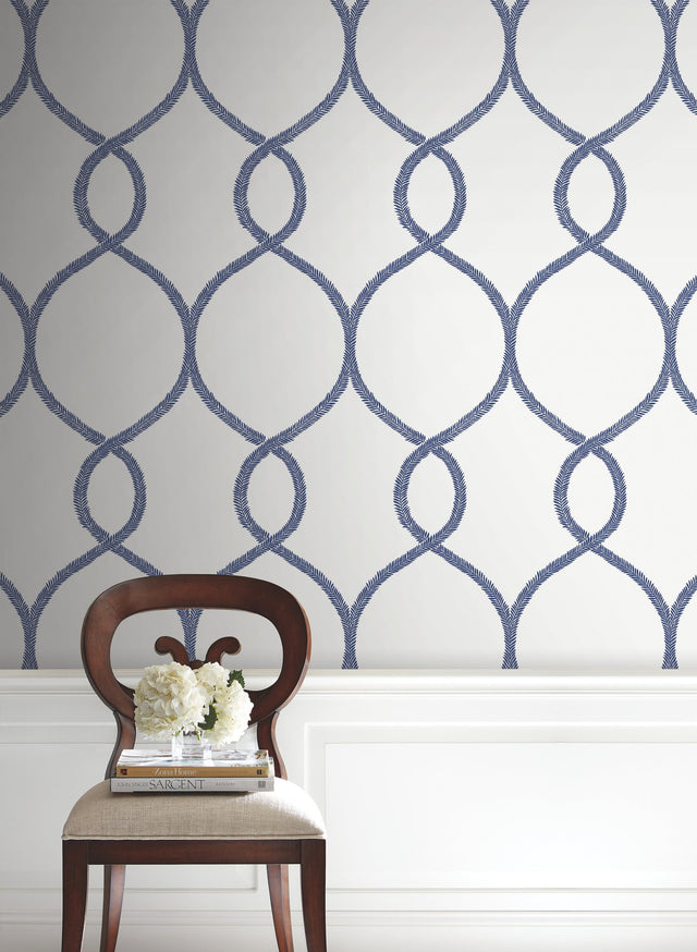 Laurel Leaf Ogee Navy Wallpaper with Trellis & Lattice Laurel Vine Motif - York KT2232