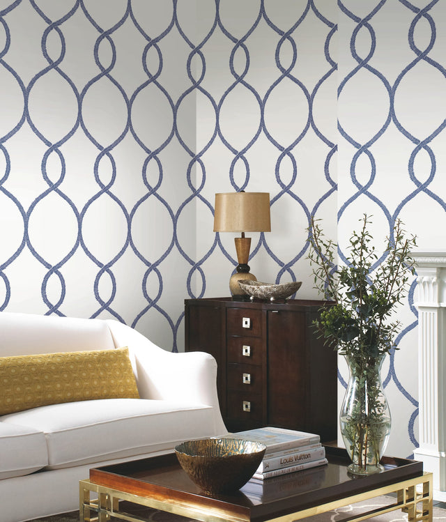 Laurel Leaf Ogee Navy Wallpaper with Trellis & Lattice Laurel Vine Motif - York KT2232