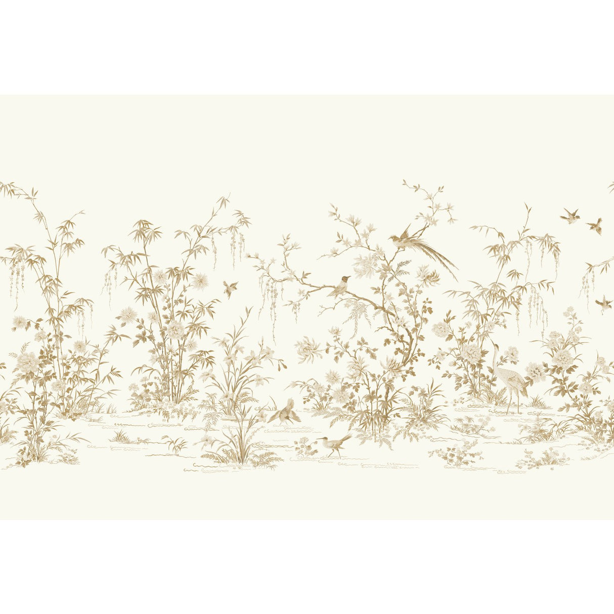 Flowering Vine Chino White Wall Mural with Chinoiserie Botanical Birds Pattern - York KT2262M