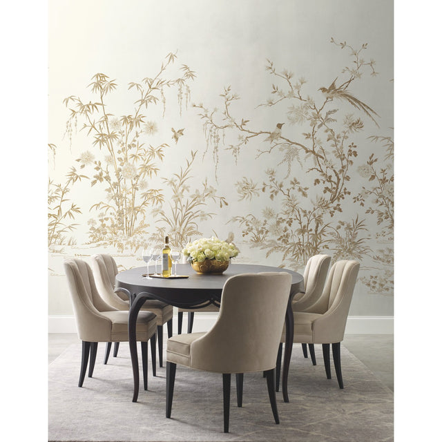Flowering Vine Chino White Wall Mural with Chinoiserie Botanical Birds Pattern - York KT2262M