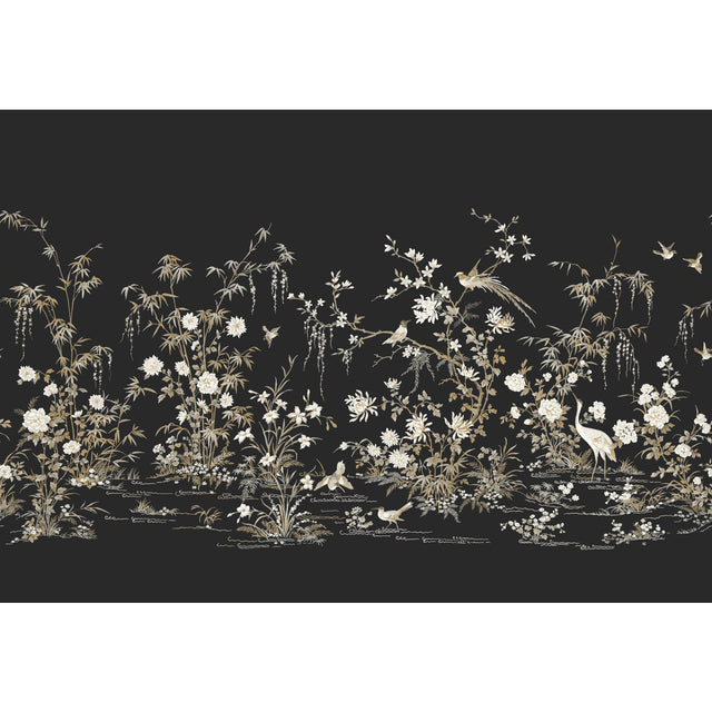 Flowering Vine Chino Black Wall Mural with Chinoiserie Botanical and Birds Motif - York KT2264M