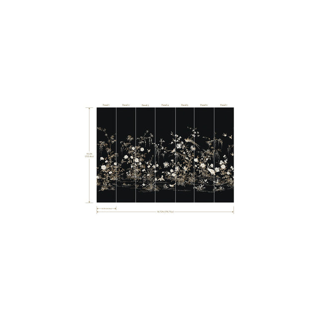 Flowering Vine Chino Black Wall Mural with Chinoiserie Botanical and Birds Motif - York KT2264M