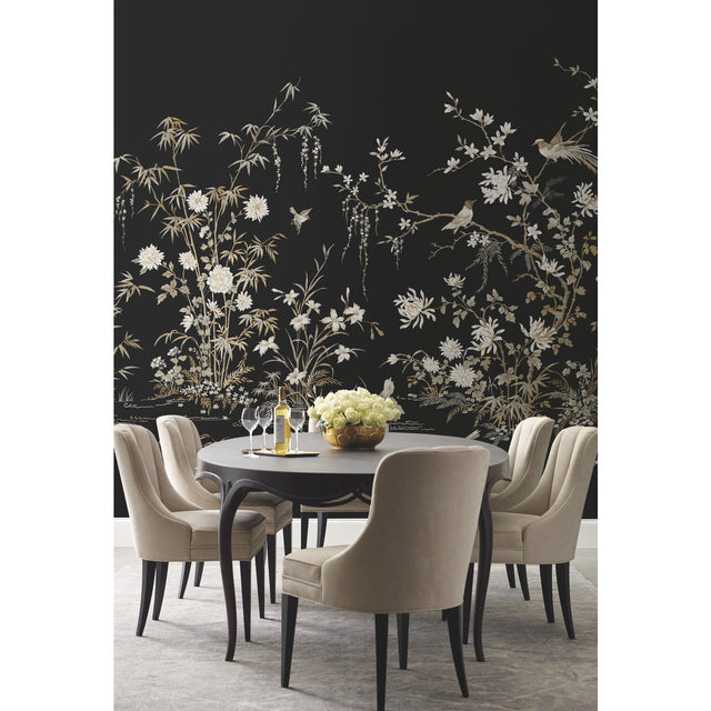 Flowering Vine Chino Black Wall Mural with Chinoiserie Botanical and Birds Motif - York KT2264M