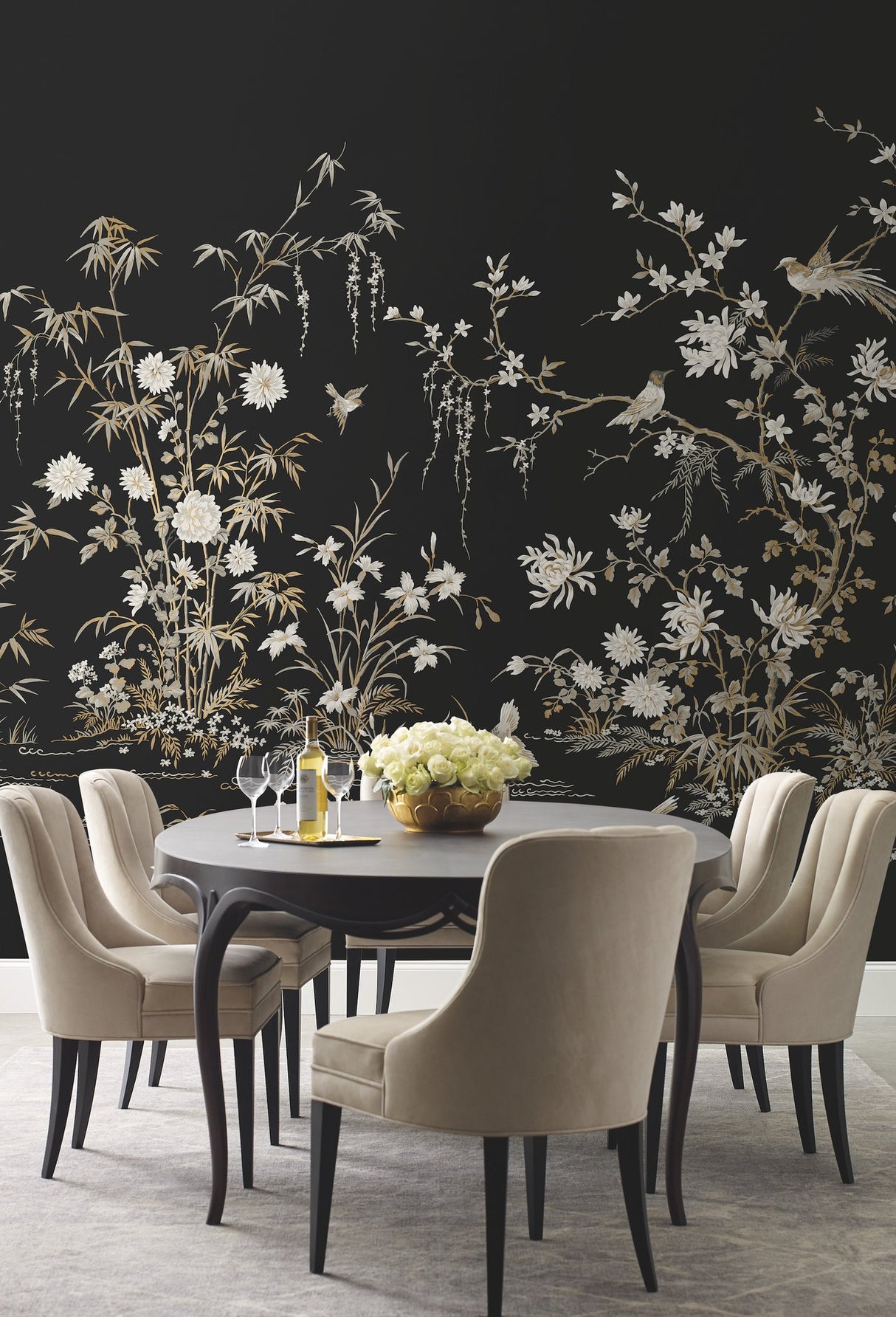 Flowering Vine Chino Black Wall Mural with Chinoiserie Botanical and Birds Motif - York KT2264M