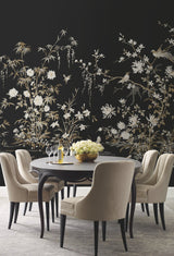 Flowering Vine Chino Black Wall Mural with Chinoiserie Botanical and Birds Motif - York KT2264M
