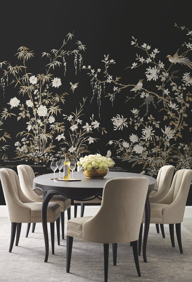 Flowering Vine Chino Black Wall Mural with Chinoiserie Botanical and Birds Motif - York KT2264M