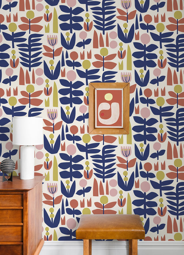 A Bit of Folk Red Peel & Stick Wallpaper with Whimsical Botanical Floral Pattern - NuWallpaper LDS4577