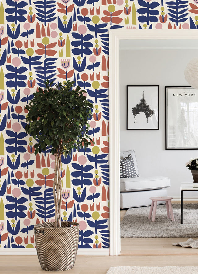 A Bit of Folk Red Peel & Stick Wallpaper with Whimsical Botanical Floral Pattern - NuWallpaper LDS4577