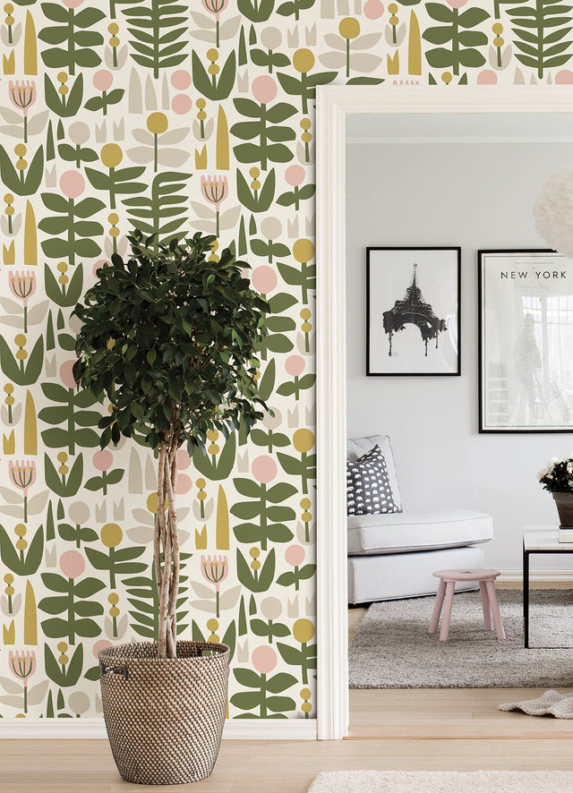 A Bit of Folk Yellow Peel & Stick Wallpaper with Whimsical Botanical Floral Pattern - NuWallpaper LDS4578