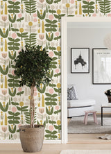 A Bit of Folk Yellow Peel & Stick Wallpaper with Whimsical Botanical Floral Pattern - NuWallpaper LDS4578SAM