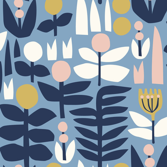 A Bit of Folk Blue Peel & Stick Wallpaper with Whimsical Botanical Floral Pattern - NuWallpaper LDS4579