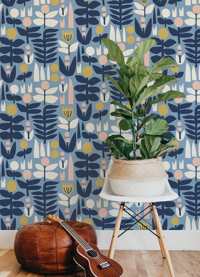 A Bit of Folk Blue Peel & Stick Wallpaper with Whimsical Botanical Floral Pattern - NuWallpaper LDS4579