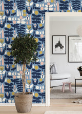 A Bit of Folk Blue Peel & Stick Wallpaper with Whimsical Botanical Floral Pattern - NuWallpaper LDS4579