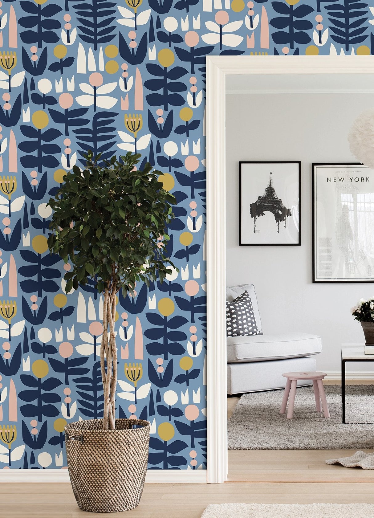 A Bit of Folk Blue Peel & Stick Wallpaper with Whimsical Botanical Floral Pattern - NuWallpaper LDS4579SAM