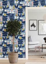 A Bit of Folk Blue Peel & Stick Wallpaper with Whimsical Botanical Floral Pattern - NuWallpaper LDS4579SAM