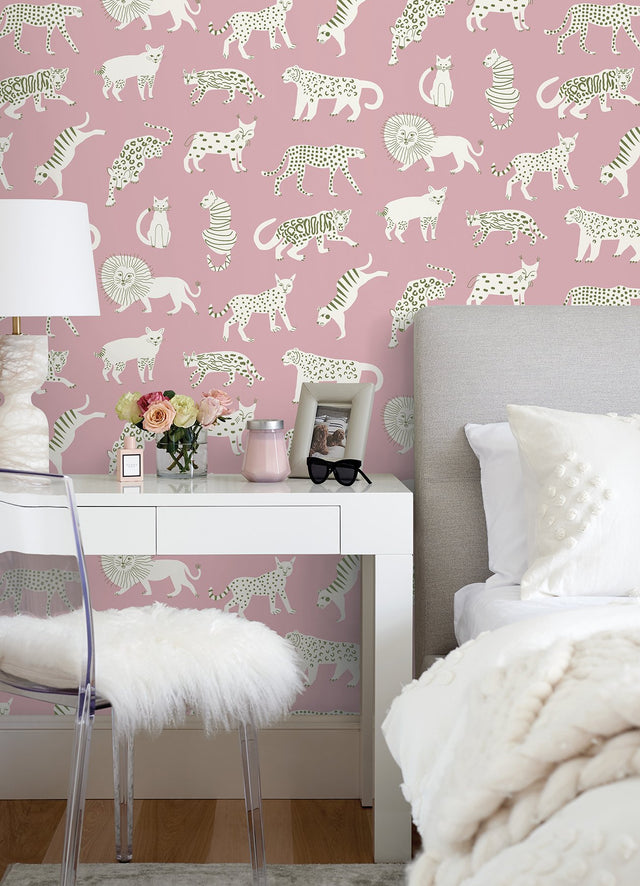 Kitty Kitty Pink Peel & Stick Wallpaper with Whimsical Novelty Cat Pattern - NuWallpaper LDS4583