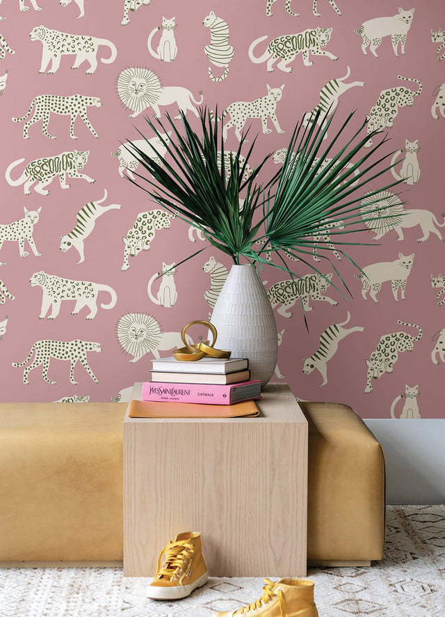 Kitty Kitty Pink Peel & Stick Wallpaper with Whimsical Novelty Cat Pattern - NuWallpaper LDS4583