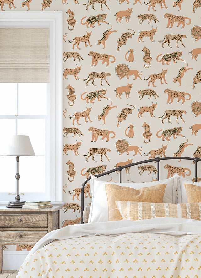 Kitty Kitty Tangerine Peel & Stick Wallpaper with Whimsical Novelty Cat Pattern - NuWallpaper LDS4584